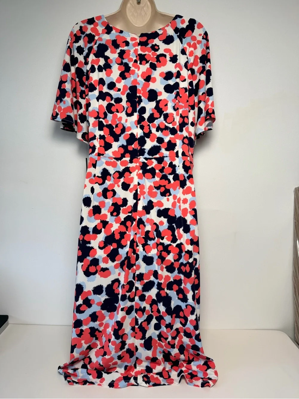 Maggy London Flutter Sleeve Faux Wrap Midi Dress Multicolor Polka Dot Size 16 - Picture 3 of 9